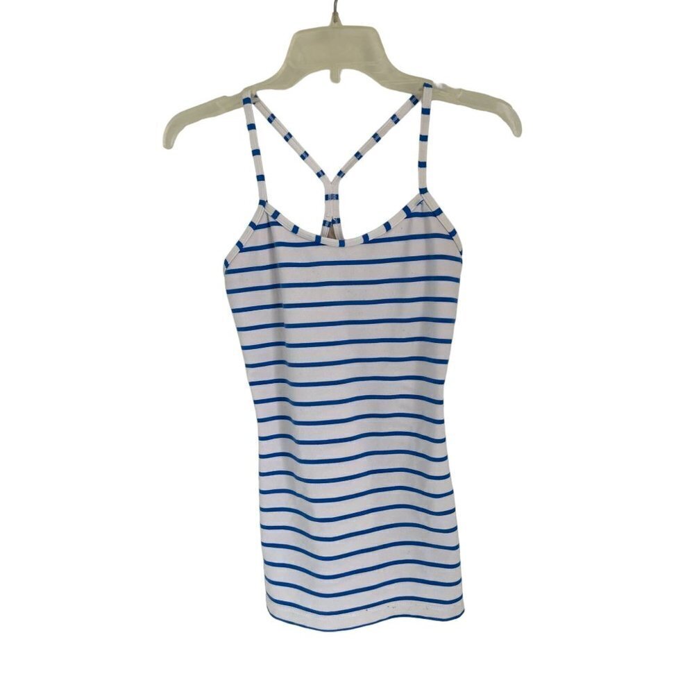 Lululemon Power Y Built In Bra Sports Top Tank White Blue Stripes Size 6 - Picture 2 of 5